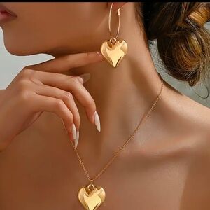 Brand New Golden Heart Pendant and Hoop Earrings Set.